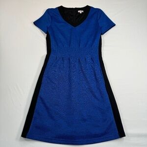 Pixley Short Sleeve Fit & Flare Midi Dress Womens Size S Blue Black V Neck Knit